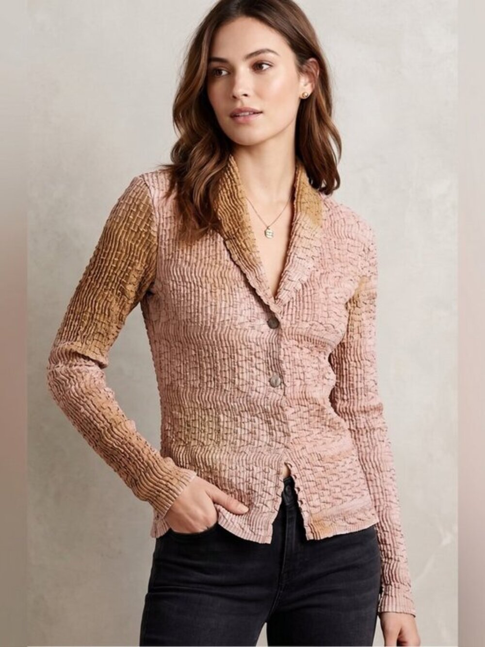 Lezley George London iridescent Textured Pink Women's button front top size sm